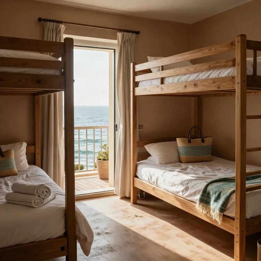 Familiekamer met stapelbedden, strandtassen en open balkon met zeezicht in ochtendlicht.