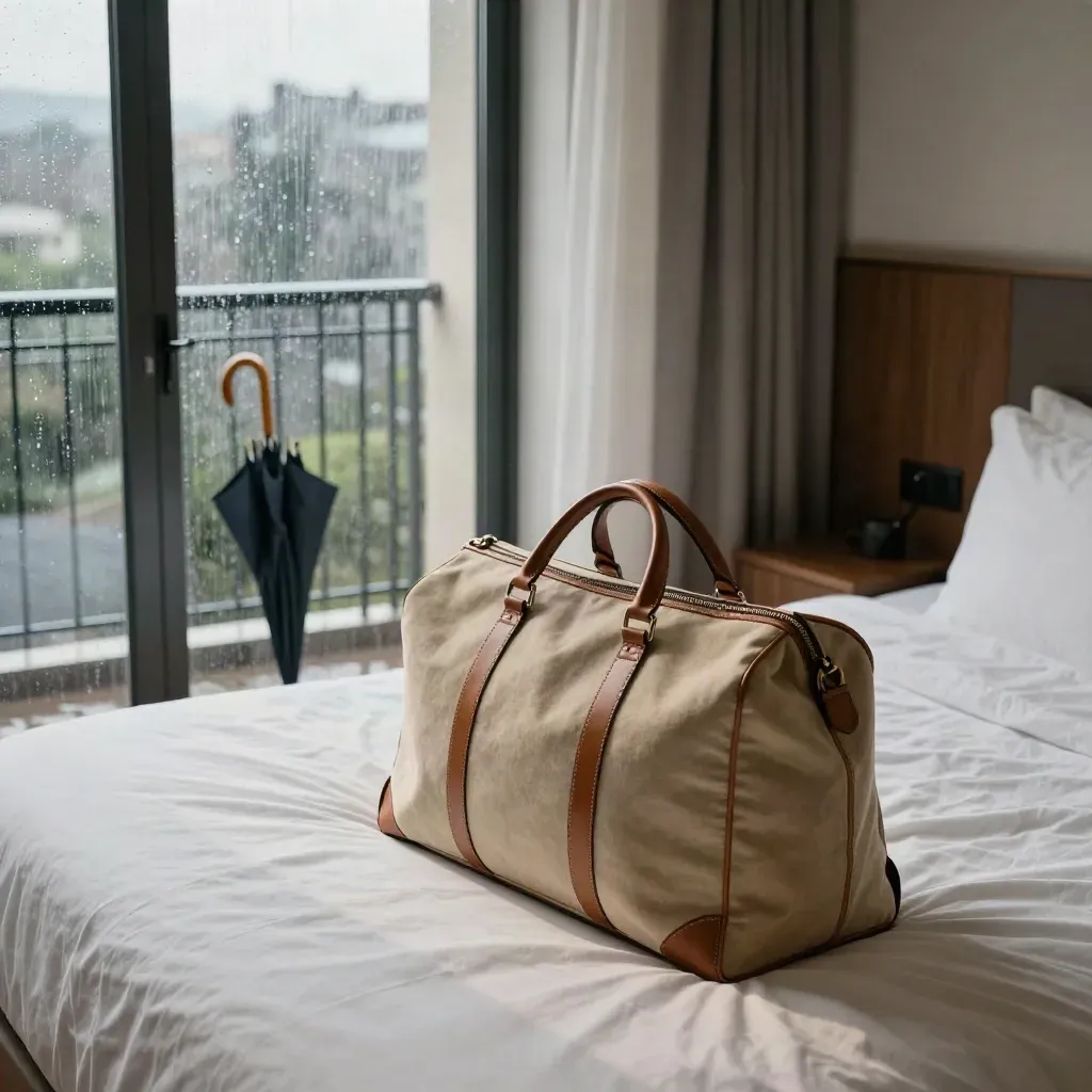 Weekendtas naast opgemaakt hotelbed, met regen op het balkonraam en een paraplu tegen het glas.