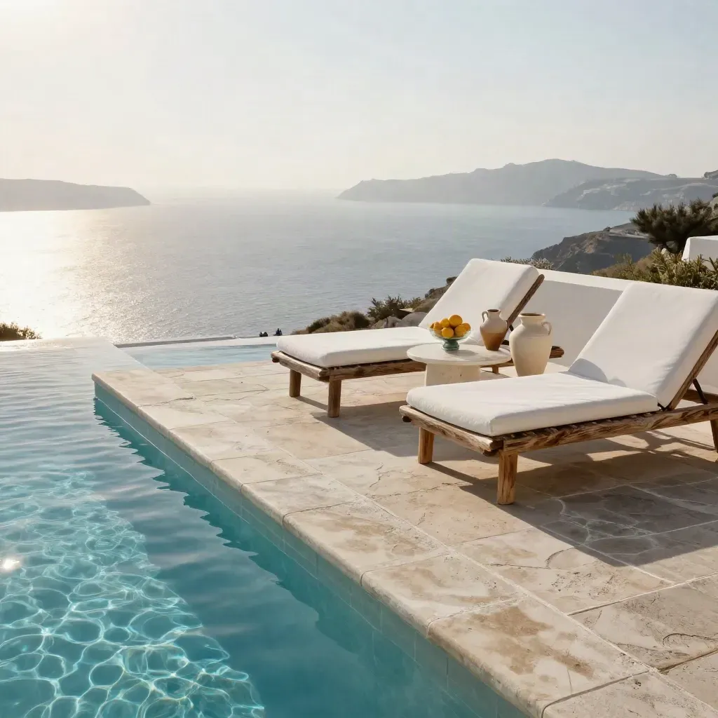 Lege Kretenzische resortterrasse met infinity pool, witte ligbedden en citrus in zonsopkomst.