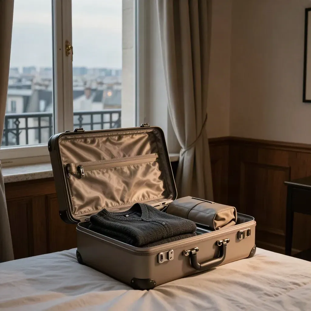 Rustige Parijse hotelkamer met geopende koffer, open gordijn en skyline in de verte.