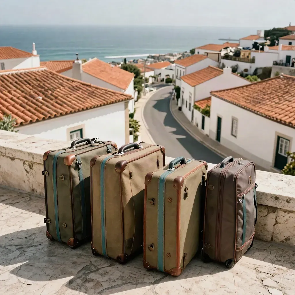 Vier compacte koffers op een Portugees uitkijkpunt met terracotta daken en een bochtige kustweg.