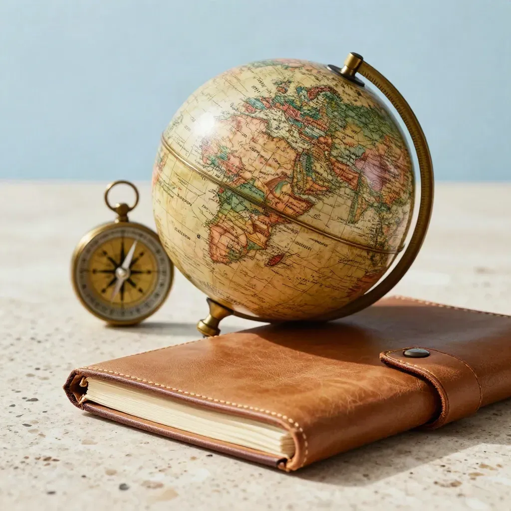 Close-up van wereldbol, messing kompas en leren notitieboek op travertin steen.