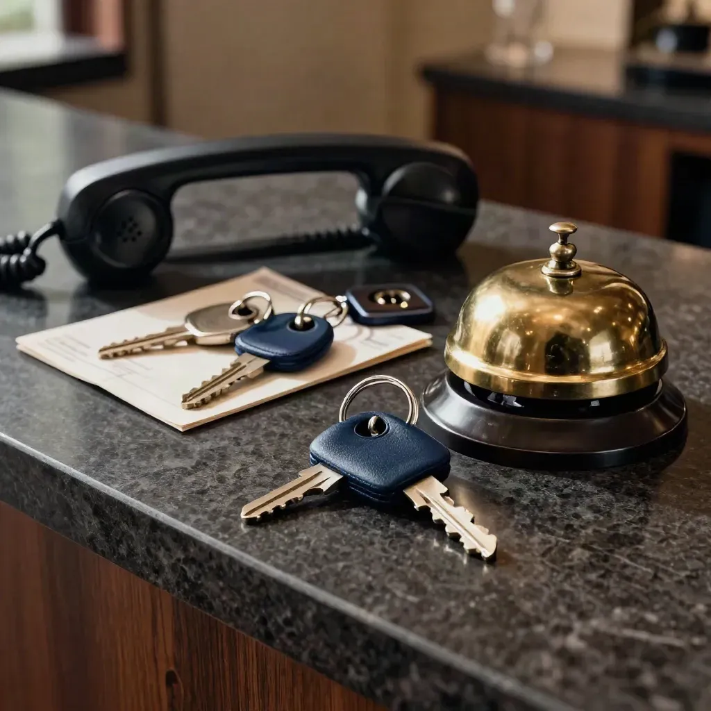 Donkere hotel-sleutelhangers, een telefoonhoorn en bronzen kamerbel op steen.