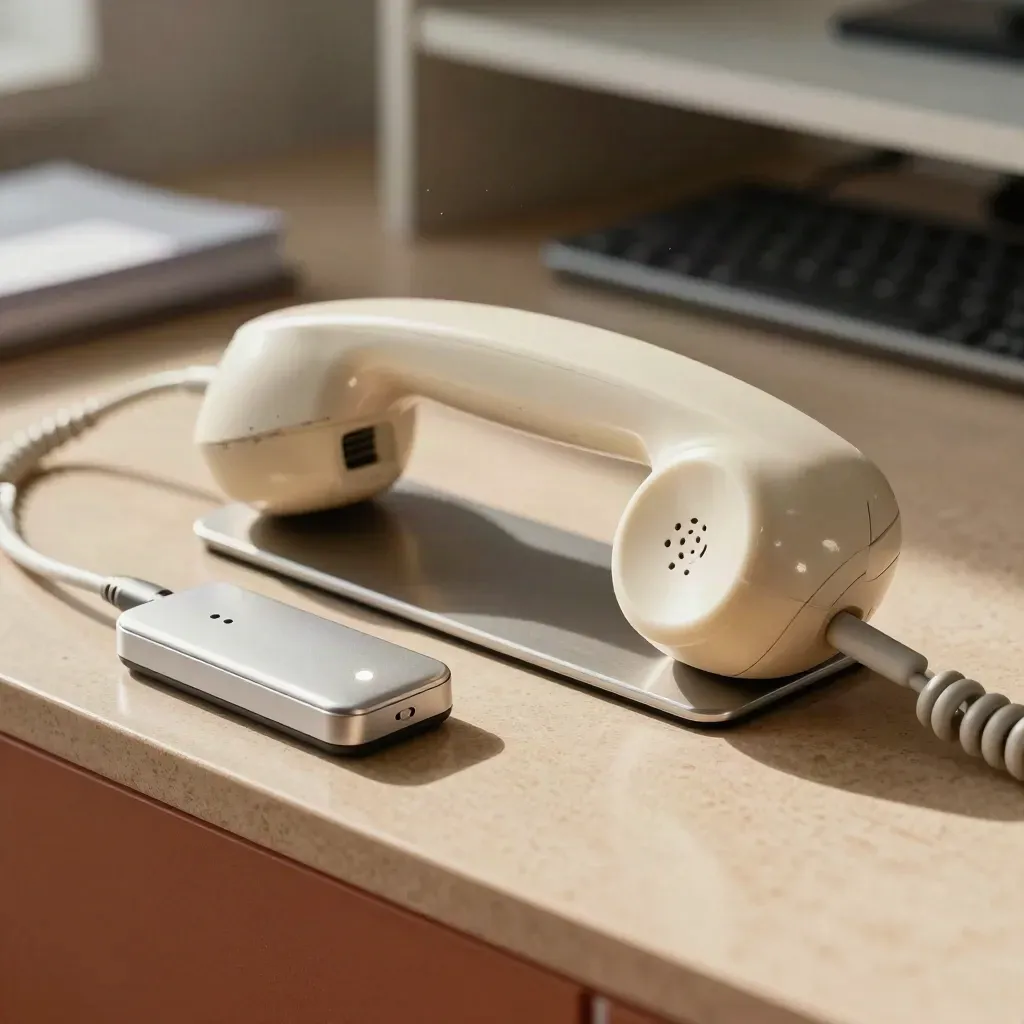 Analoge telefoonhoorn, headsetstandaard en laaddock op een zandkleurig bureau.