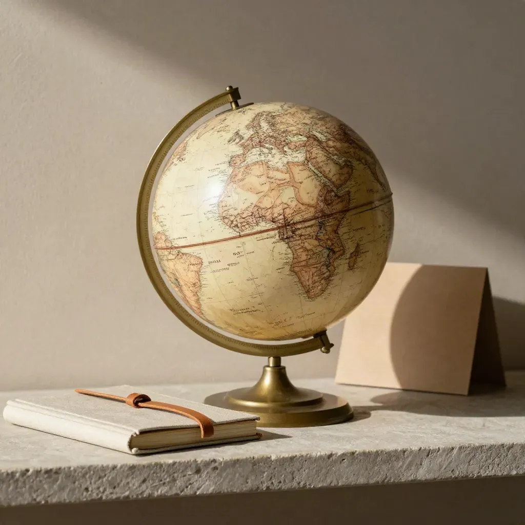 Globe naast gesloten notitieboek en leren band op stenen plank in zacht zijlicht.