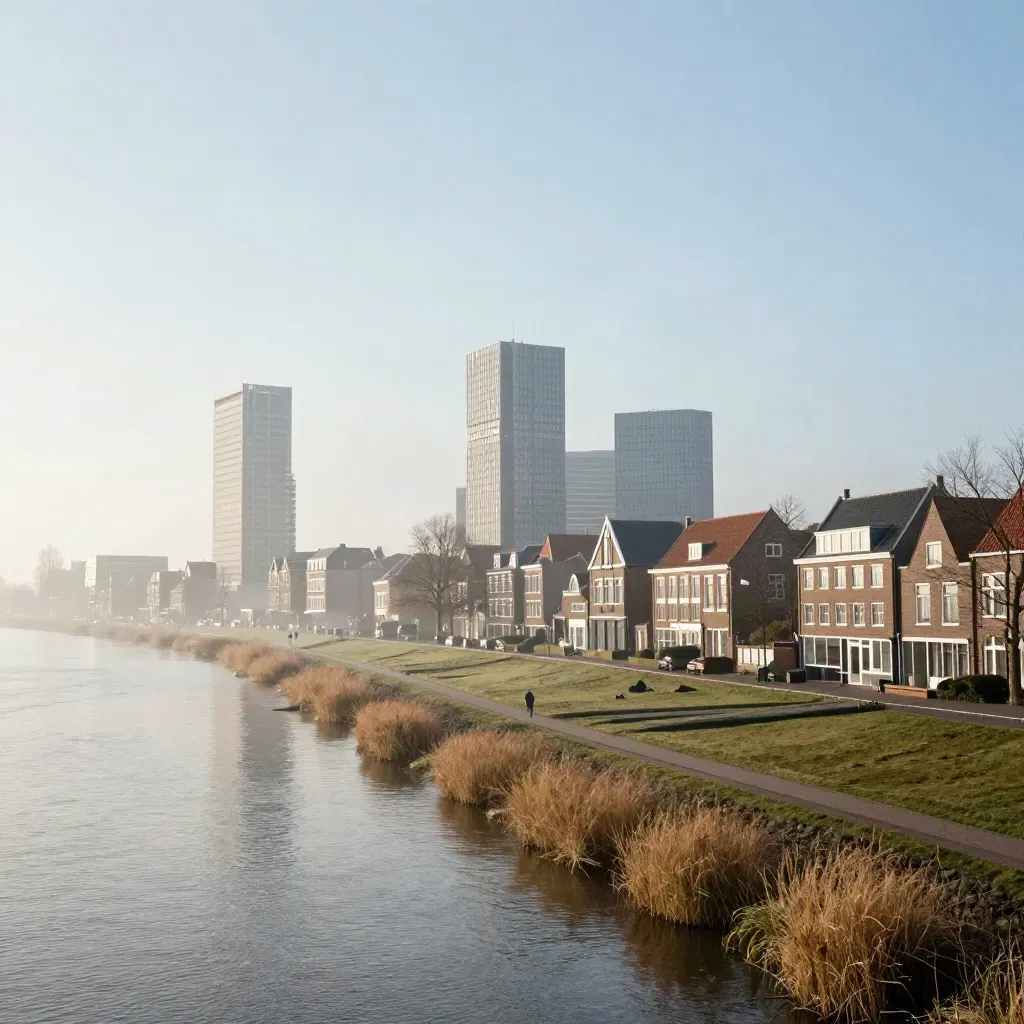 Rotterdamse skyline boven riviermist met brede waterlijnen en stille polders in de Randstad.