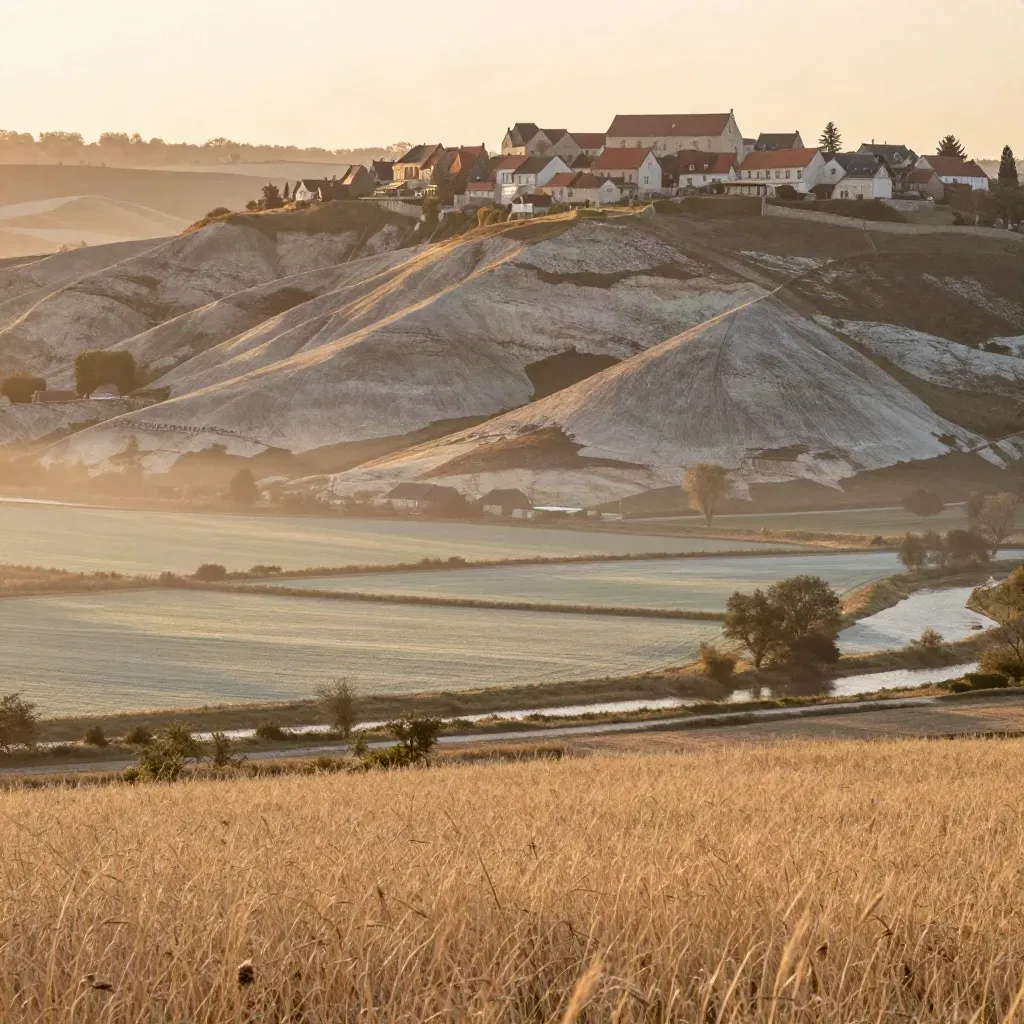 Brabant en Limburg met Maasvallei, heuvels en dorp op een ridge in warm avondlicht.